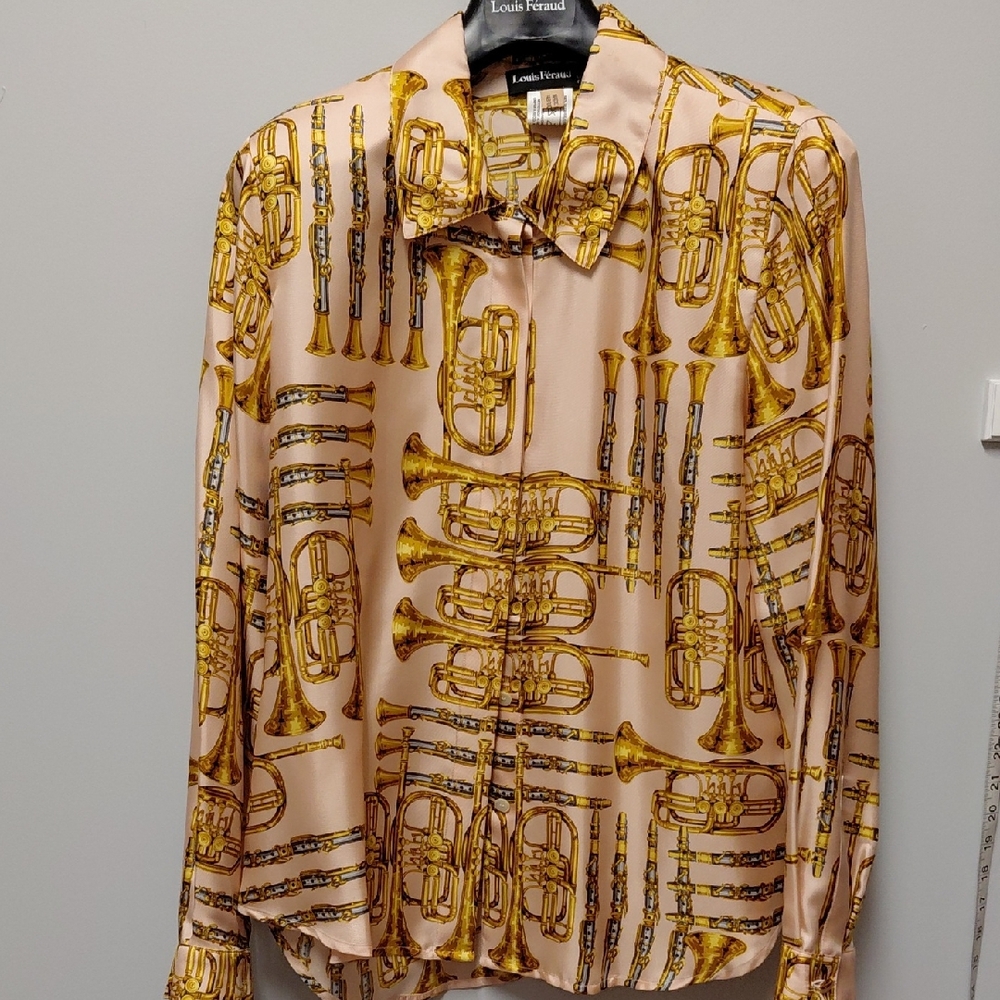 Louis Feraud Ladies Gold and Cream Silk Instrument Print Shirt, Size 12